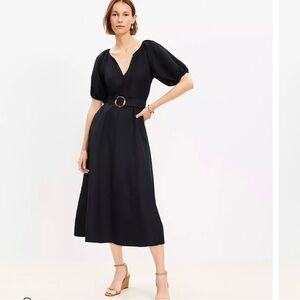Linen Blend Belted Puff Sleeve Dress 0R NWT